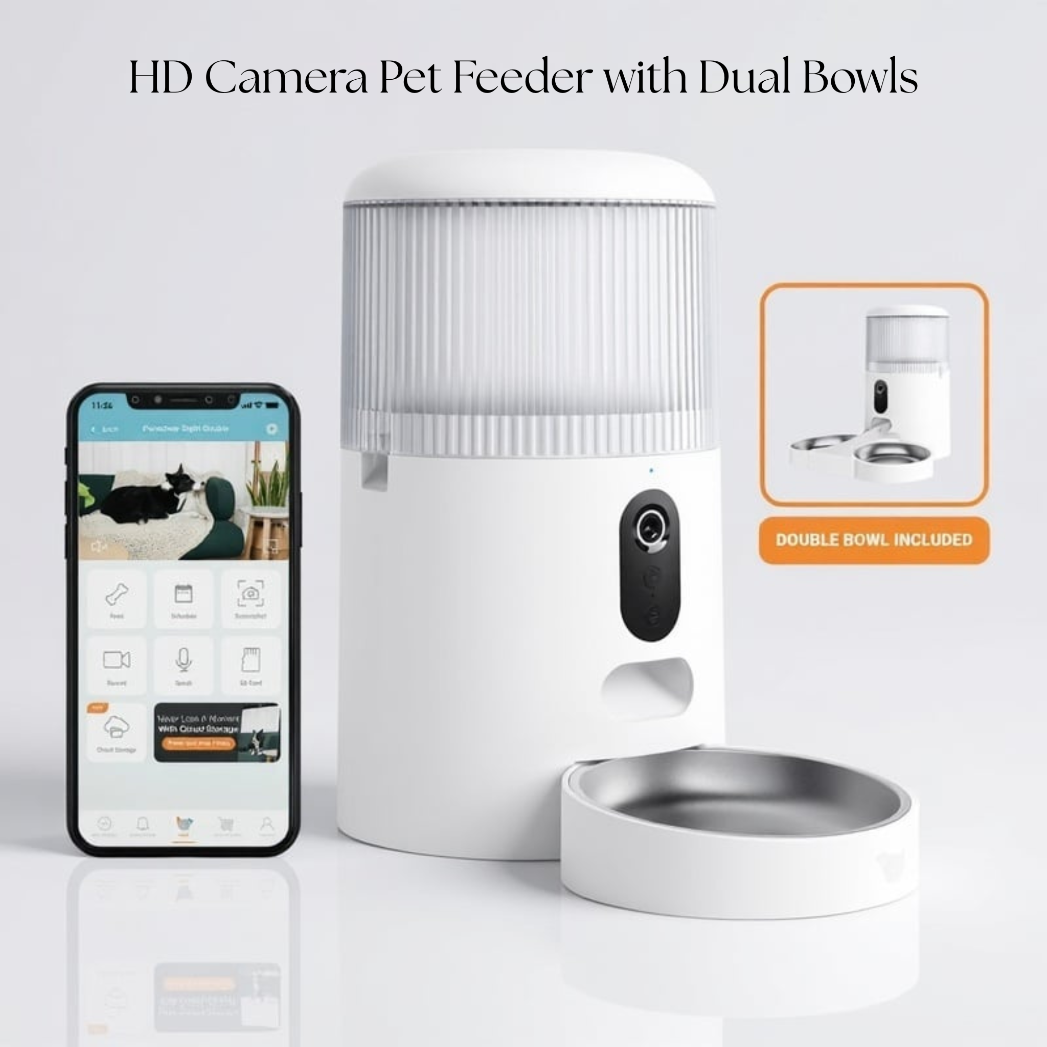 Automatic Pet Feeder Camera with Double Bowls for Cats and Dogs
