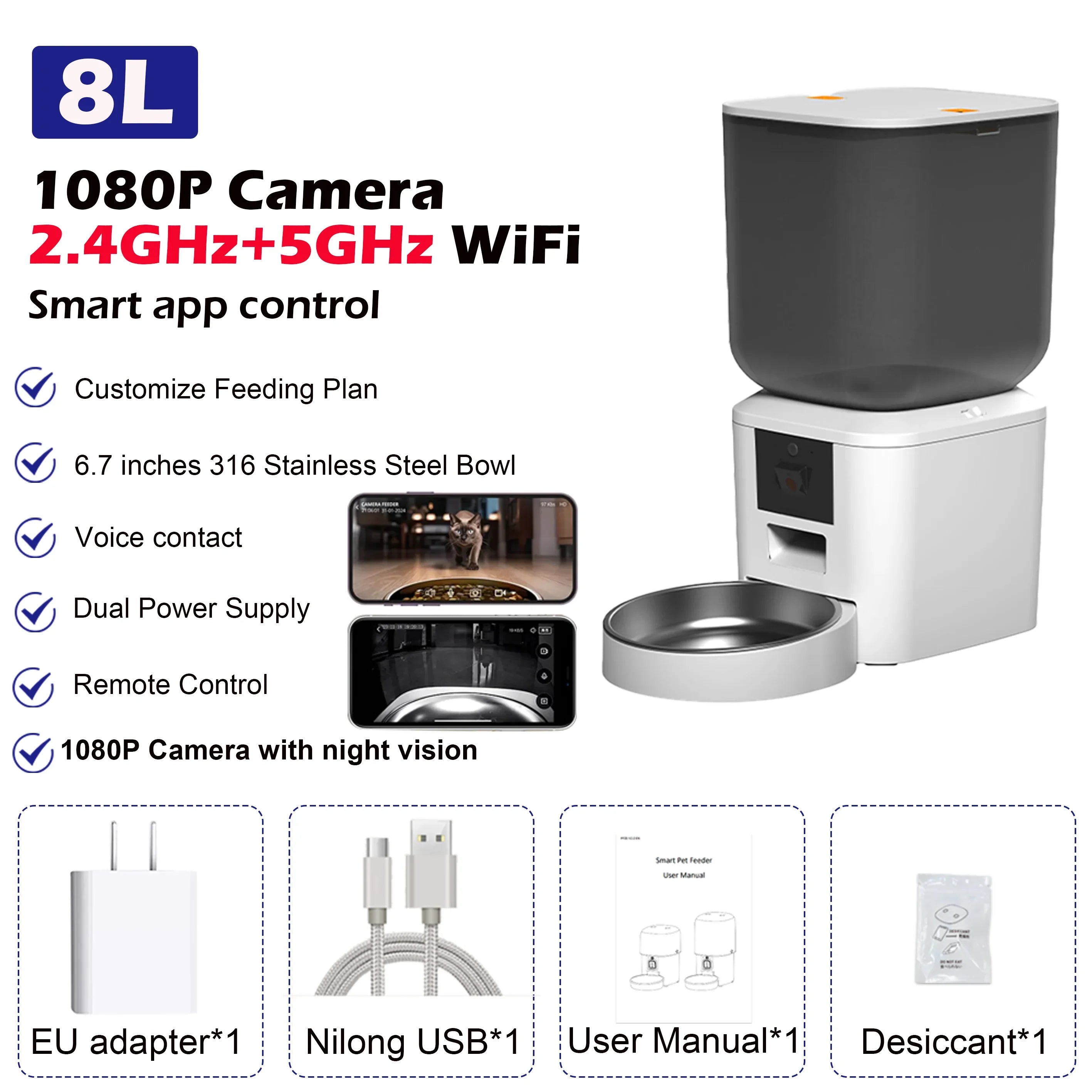 8L Smart Automatic Pet Feeder – 1080P Camera, WiFi App Control