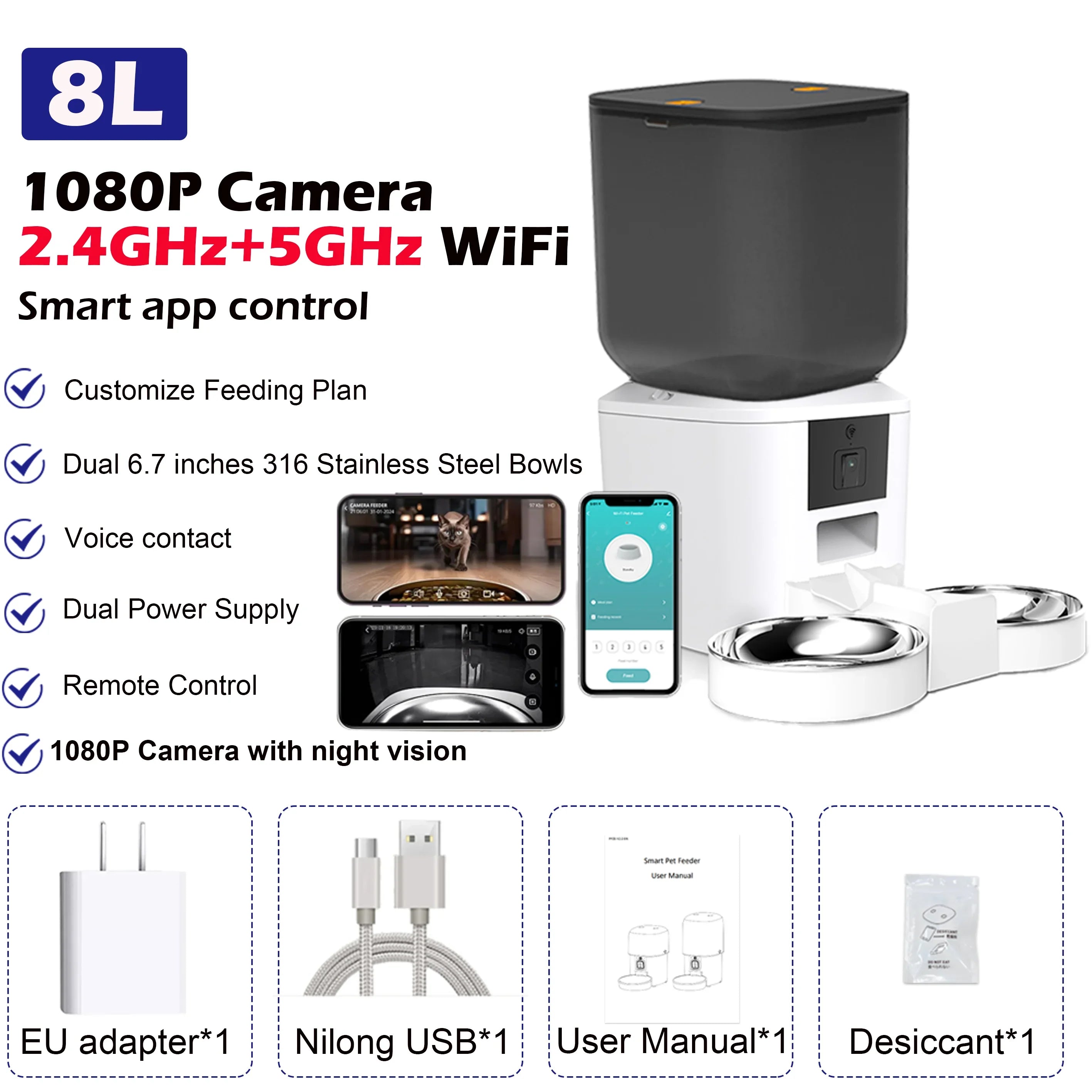 8L Smart Automatic Pet Feeder – 1080P Camera, WiFi App Control